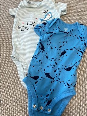 Blue Shark Print Short Sleeve Baby One-Piece Bodysuit - Set of 2